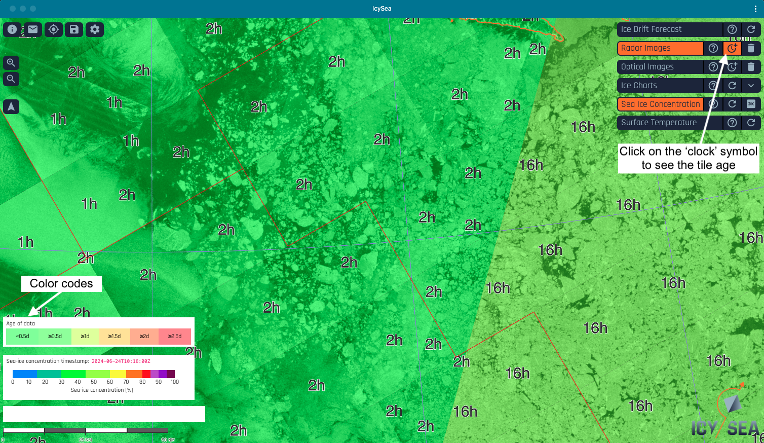 Radar image tiles with age colour codes